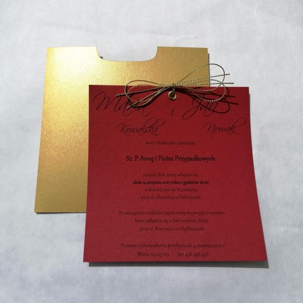 Zaproszenie ślubne - nadruk na bordowym papierze, ręcznie robiona złota koperta